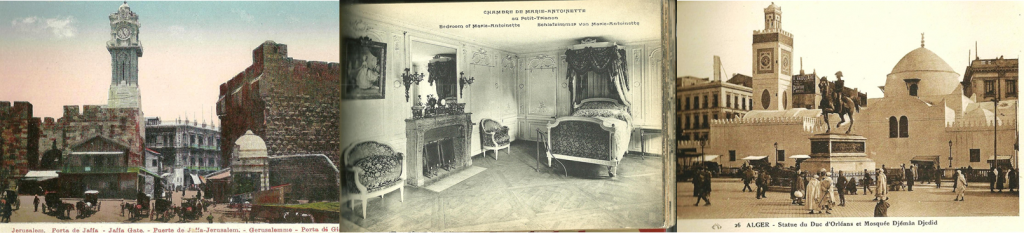 Vintage postcards Central Florence, Marie-Antoinette's Bed, a scene in Algiers 