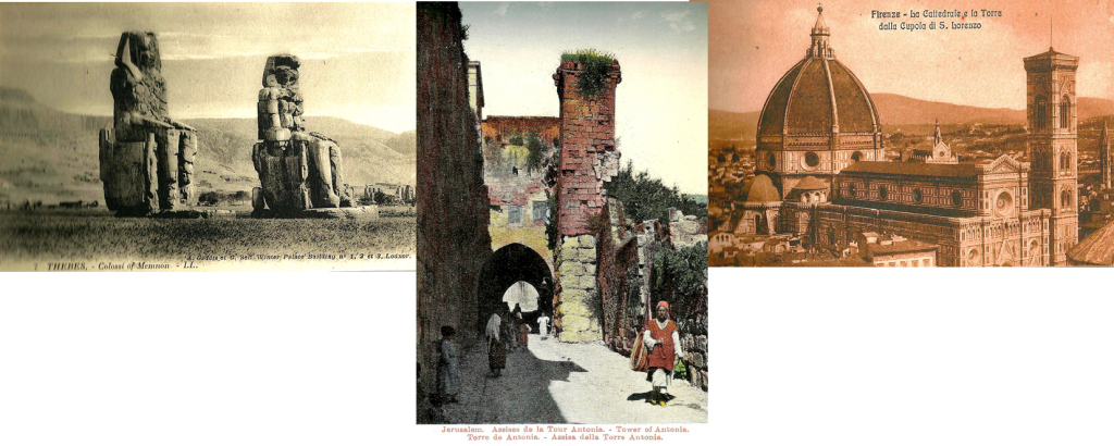 Vintage postcards Colossi of Memnon at Thebes, Egypt, Scene in Jerusalem, The Duomo in the distance, Florence.